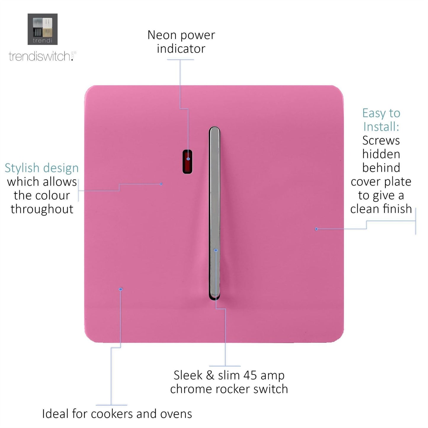 Trendi Artistic Modern Glossy 20 A Tactile Light Switch & Neon Insert Pink