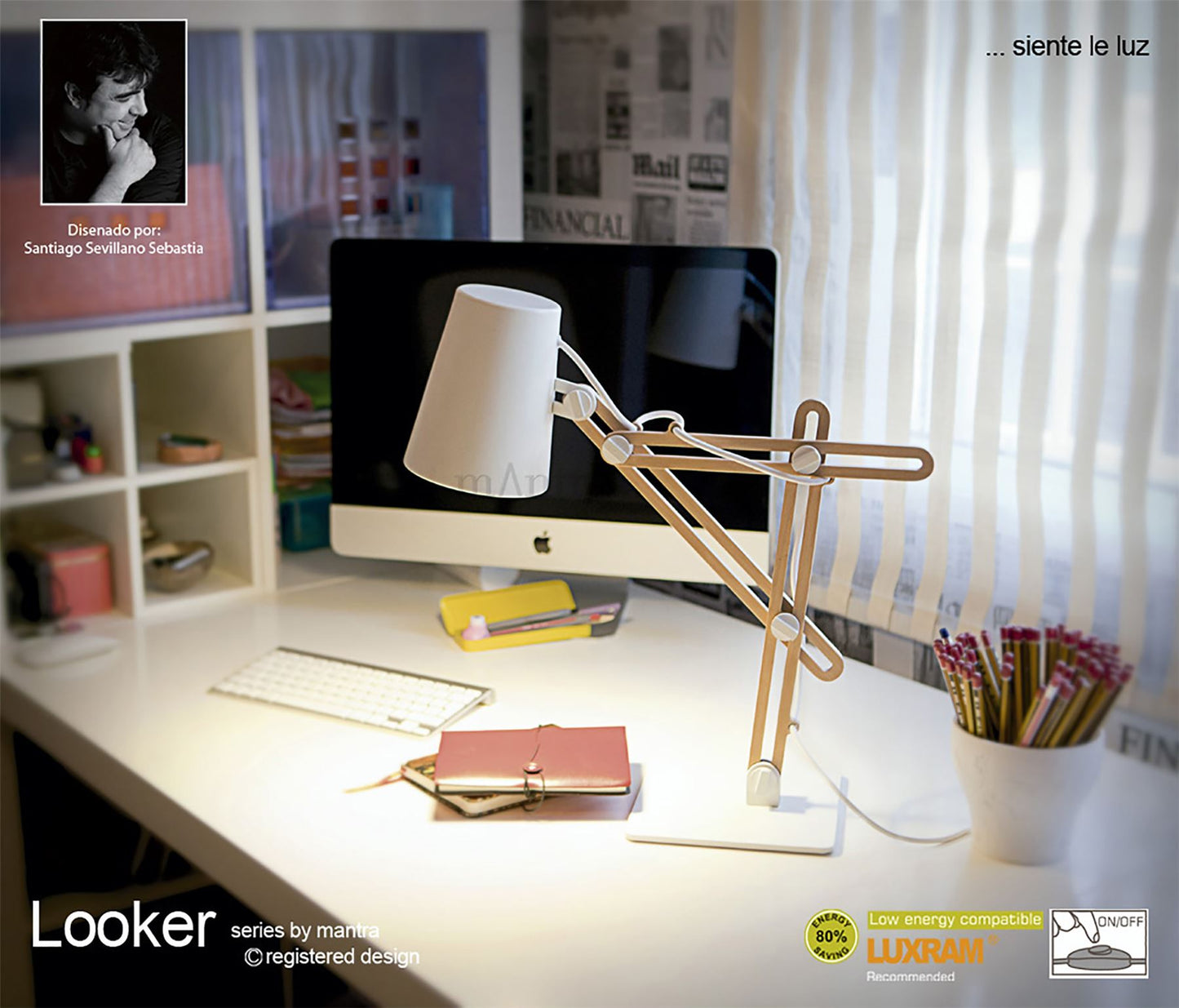 Mantra M3615 Looker Table Lamp 1 Light E27, Matt White/Beech
