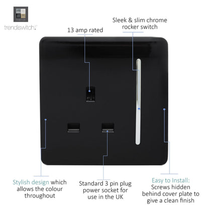 Trendi 1 Gang  13 Amp Switched Plug Socket Matt Black Soft Touch - ART-SKT13STB