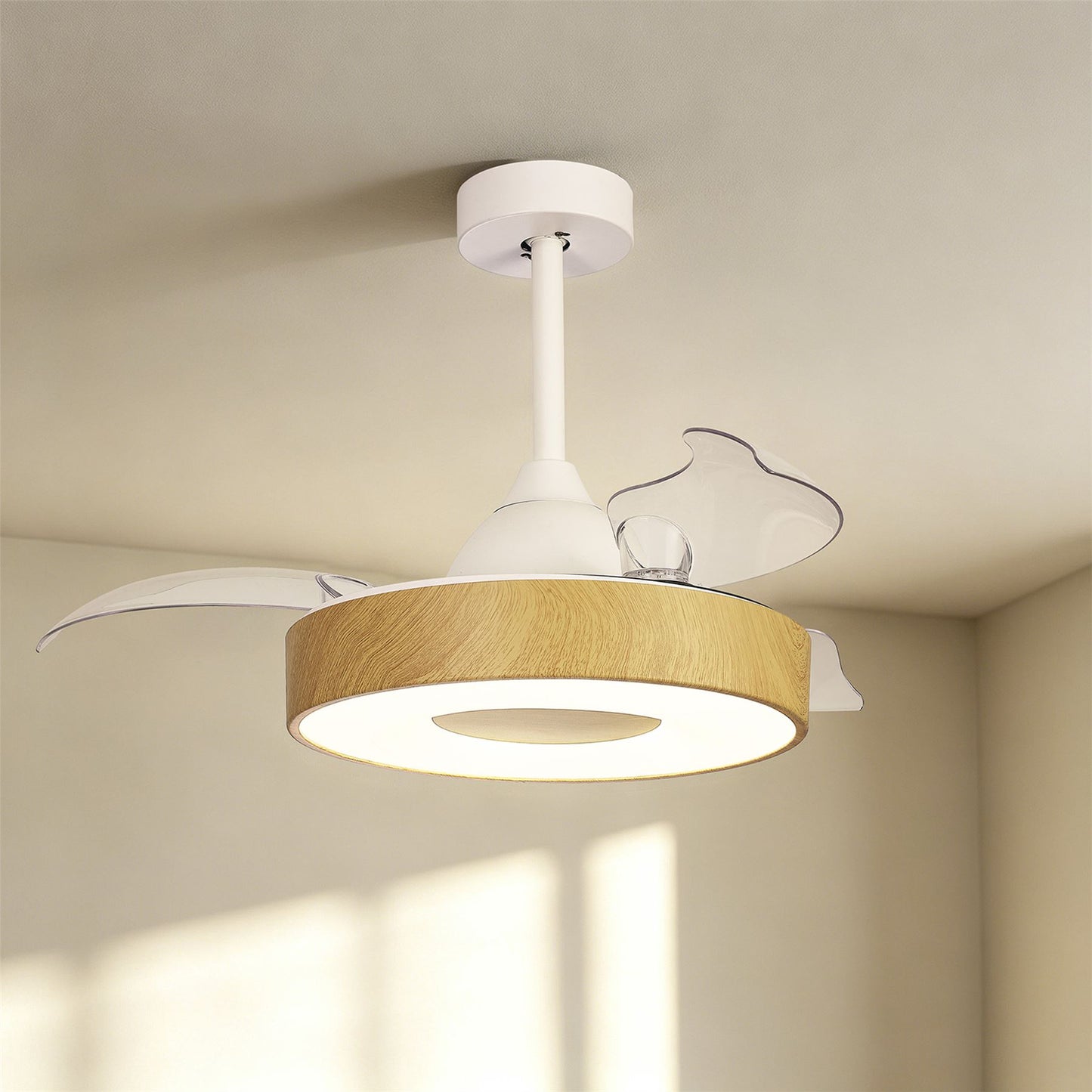 Coin Mini 45W LED Dimmable Ceiling Light With Built-In 25W DC Reversible Fan, Remote & APP Control, Wood, 2500lm, 5yrs Warranty