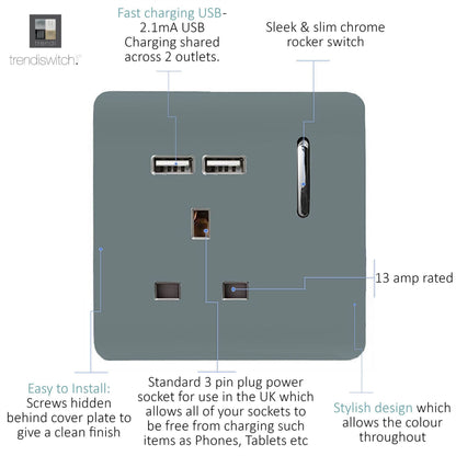Trendi 1 Gang Artistic Modern Glossy 13 Amp 2x2.1mA USB Switched Tactile Cool Grey