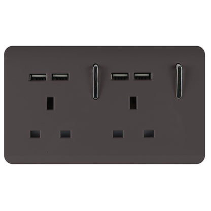 Trendi 2 Gang Artistic Modern Glossy 13 Amp 4x2.1mA USB Switched Tactile Plug Socket Dark Brown