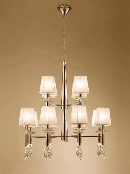 Mantra Tiffany 85cm Pendant 2 Tier 12+12 Light E14+G9, French Gold with Cream Shades & Clear Crystal