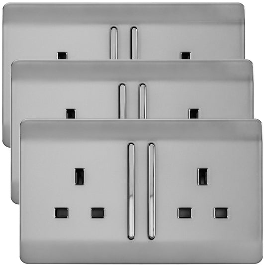 Trendi 2 Gang Artistic Modern Glossy 13 Amp Long Switched Tactile Plug Socket Stainless Steel (3 Pack)