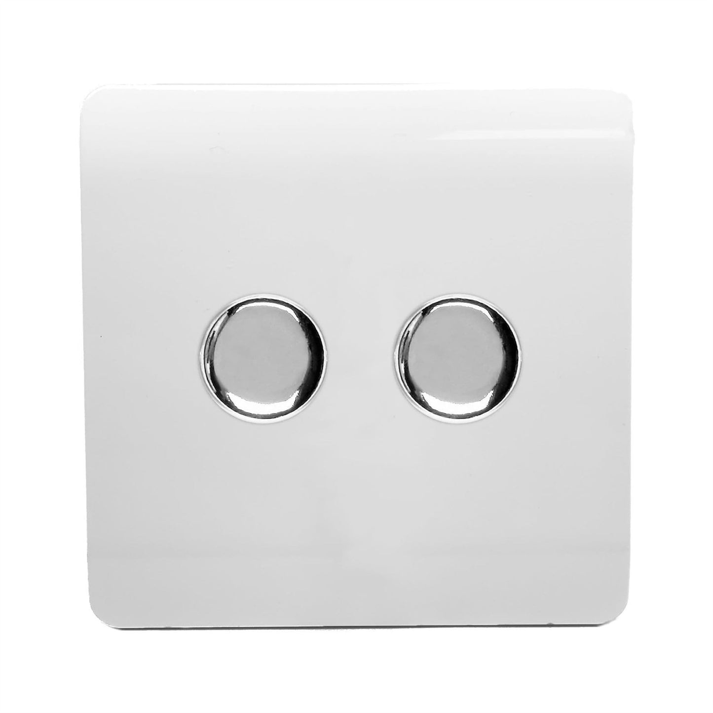 Trendi 2 Gang 2 Way 240V 100w LED Dimmer Screwless Raised Front Plate Plastic Artistic Modern Glossy 10 Amp Chrome Single Electrical Wall Light Switch in Ice White - ART-2LDMWH
