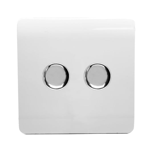 Trendi 2 Gang 2 Way 240V 100w LED Dimmer Screwless Raised Front Plate Plastic Artistic Modern Glossy 10 Amp Chrome Single Electrical Wall Light Switch in Ice White - ART-2LDMWH