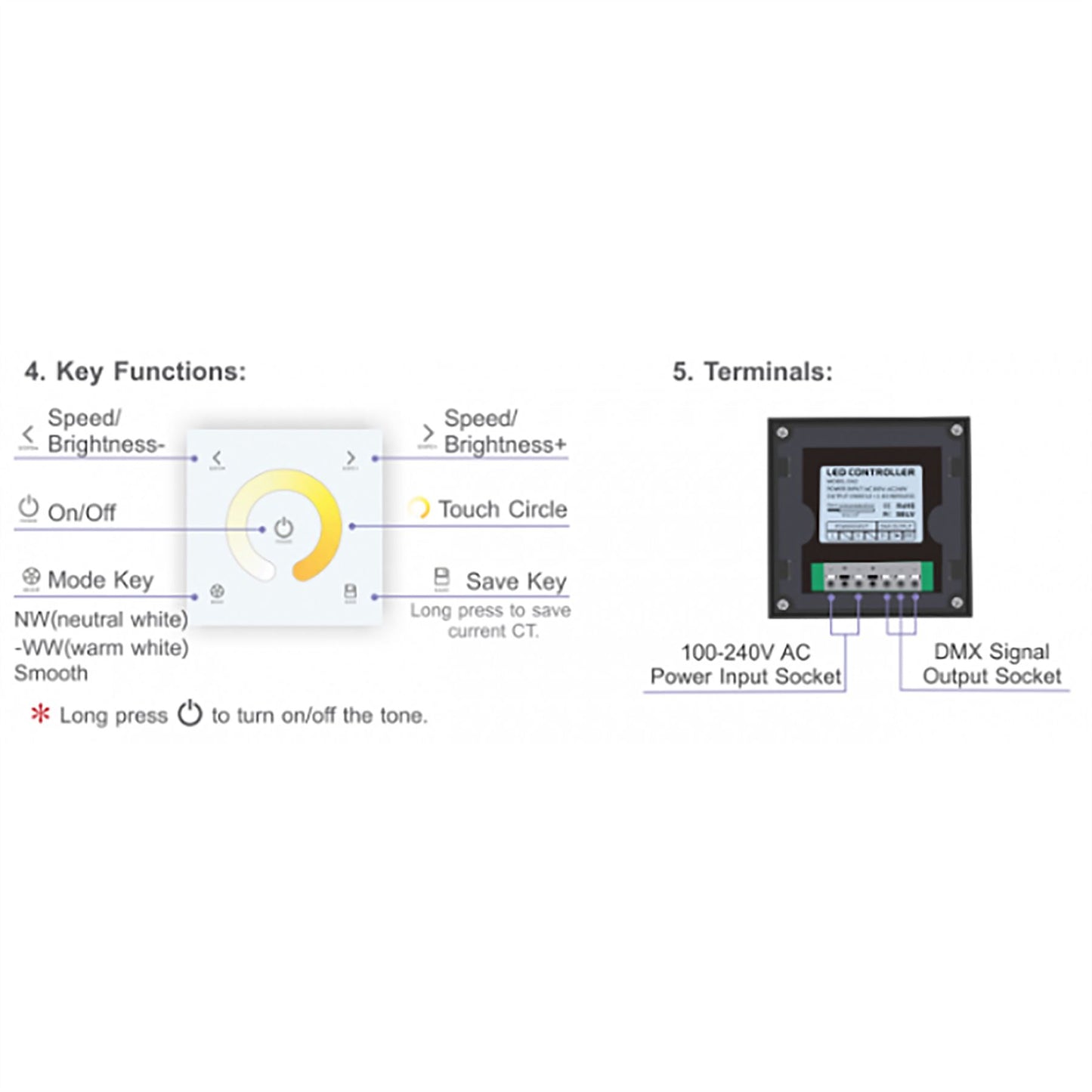 LTECH DMX/RF RF 2.4GHz + DMX 512, CT Controller Touch Panel, Single Zone, Use with R4-5A/R4-CC Reciever, 100-240V~50/60Hz, 30m Range, IP44, 5yrs Warranty Controllers