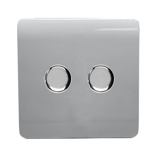Trendi 2 Gang 2 Way 240V 100w LED Dimmer Screwless Raised Front Plate Plastic Artistic Modern Glossy 10 Amp Chrome Single Electrical Wall Light Switch in Platinum Silver - ART-2LDMSI