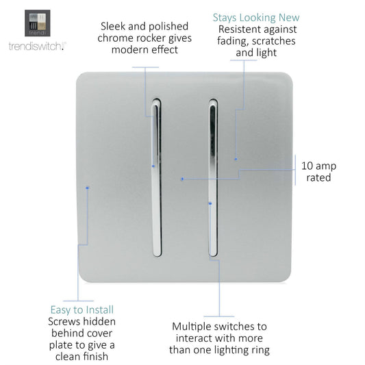Trendi 2 Gang 2 Way Artistic Modern 10 Amp Rocker Light Switch Silver ART-SS4SI