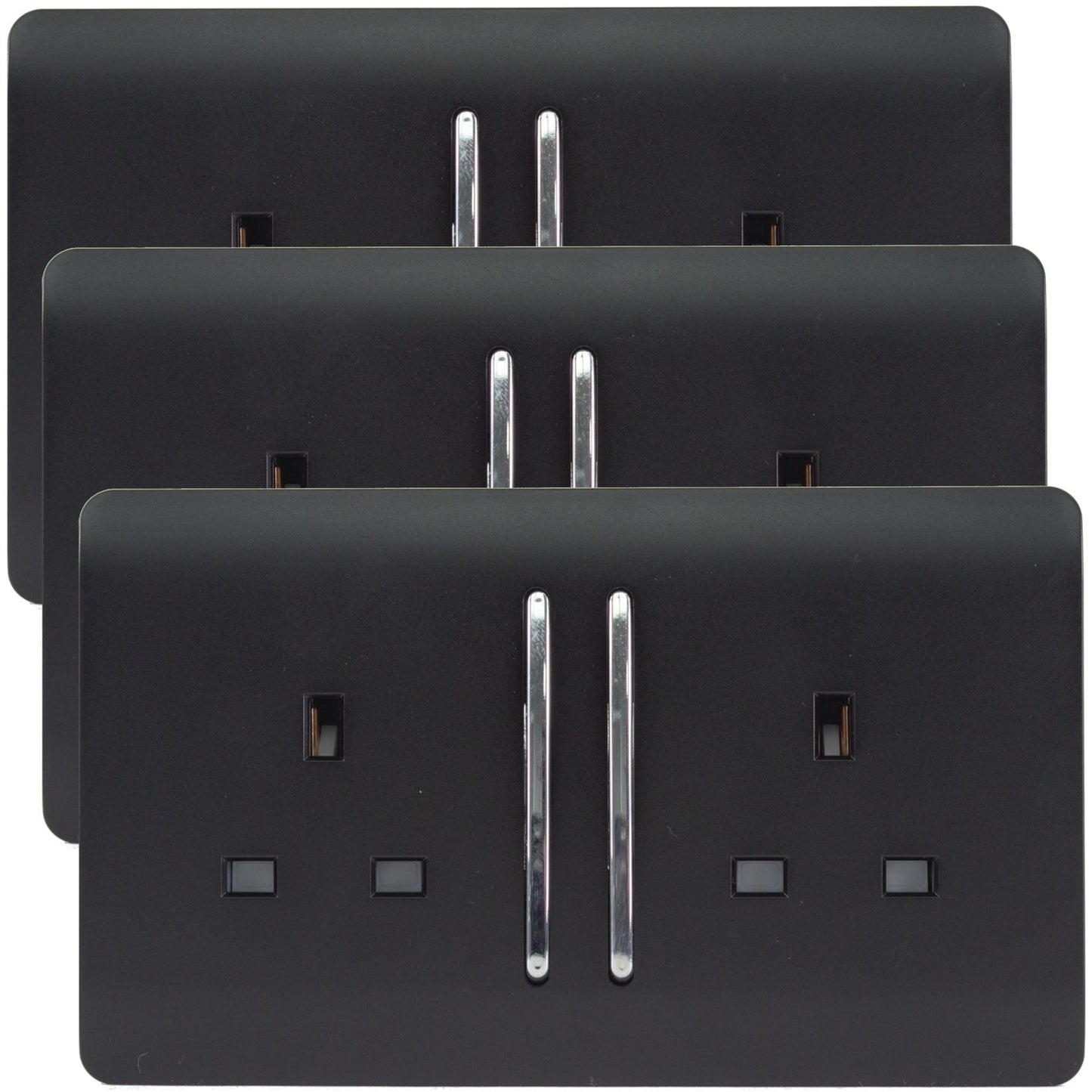Trendi 2 Gang Artistic Modern Glossy 13 Amp Switched Tactile Plug Socket Matt Black (3 Pack)