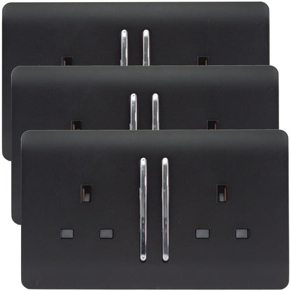 Trendi 2 Gang Artistic Modern Glossy 13 Amp Switched Tactile Plug Socket Matt Black (3 Pack)
