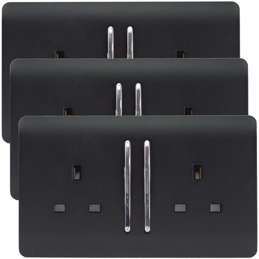Trendi 2 Gang Artistic Modern Glossy 13 Amp Switched Tactile Plug Socket Matt Black (3 Pack)