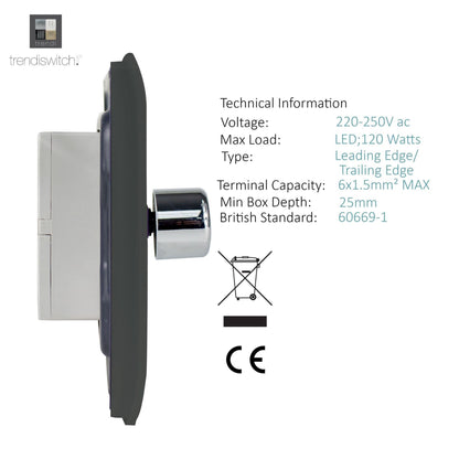 Trendi 1 Gang 2 Way 240V 100w LED Dimmer Screwless Raised Front Plate Plastic Artistic Modern Glossy 10 Amp Chrome Single Electrical Wall Light Switch in Charcoal - ART-LDMCH
