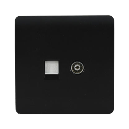 Trendi TV Co-axial Socket + Telephone Socket Matt Black Soft Touch
