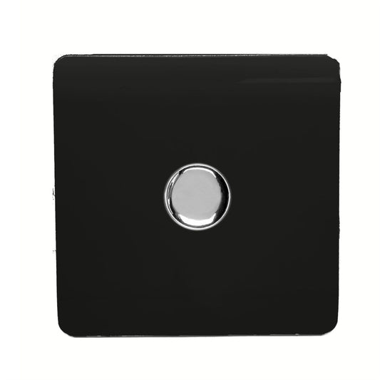 Trendi 1 Gang 2 Way 240V 100w LED Dimmer Screwless Raised Front Plate Plastic Artistic Modern Glossy 10 Amp Chrome Single Electrical Wall Light Switch in Piano Black - ART-LDMBK