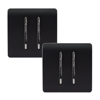 Trendi 2 Gang 2 Way 240V Screwless Artistic Modern Glossy 10 Amp Chrome Rocker Electrical Wall Light Switch in Matt Black (2 pack)