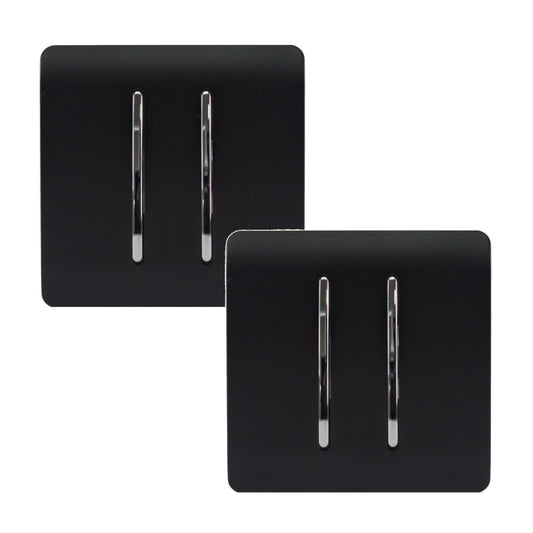 Trendi 2 Gang 2 Way 240V Screwless Artistic Modern Glossy 10 Amp Chrome Rocker Electrical Wall Light Switch in Matt Black (2 pack)