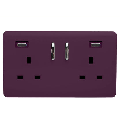 Plum Screwless 2 Gang Switched Double Socket 13A With 2 x USB-C 24W (Shared), (35mm Back Box Req.), 10yrs Warranty