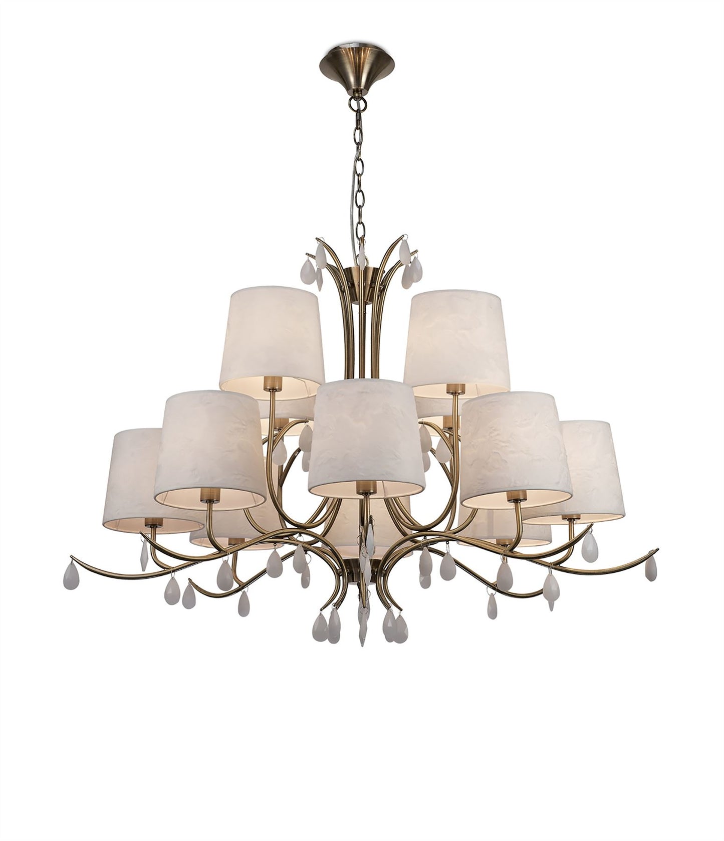 Mantra M6330 Andrea Pendant 100cm Round, 8+4 x E14 (Max 20W), Antique Brass, White Shades, White Crystal Droplets