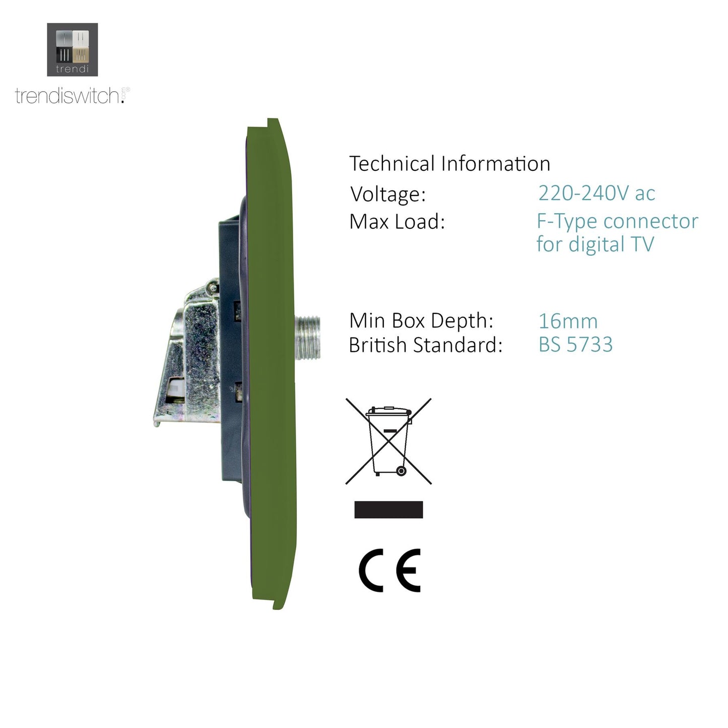 Trendi Switch Moss Green TV Coaxial & F-Type Satellite Socket - Screwless