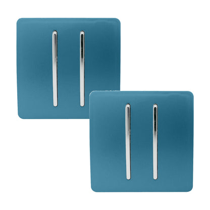 Trendi 2 Gang 2 Way 240V Screwless Artistic Modern Glossy 10 Amp Chrome Rocker Electrical Wall Light Switch in Ocean Blue (2 pack)