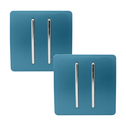 Trendi 2 Gang 2 Way 240V Screwless Artistic Modern Glossy 10 Amp Chrome Rocker Electrical Wall Light Switch in Ocean Blue (2 pack)