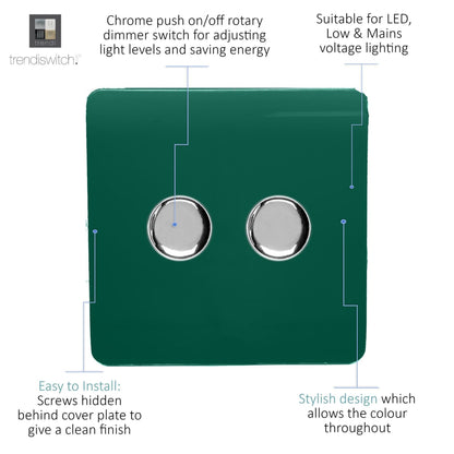Trendi 2 Gang 2 Way 240V 100w LED Dimmer Screwless Raised Front Plate Plastic Artistic Modern Glossy 10 Amp Chrome Single Electrical Wall Light Switch in Dark Forest Green - ART-2LDMDG