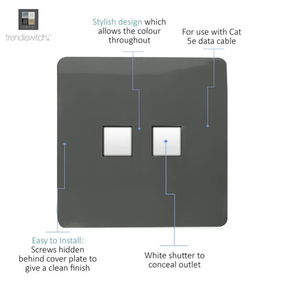 Trendi Artistic Modern Glossy 2 Gang Tactile RJ45 Cat 5e&Cat 6 PC Ethernet Socket Charcoal
