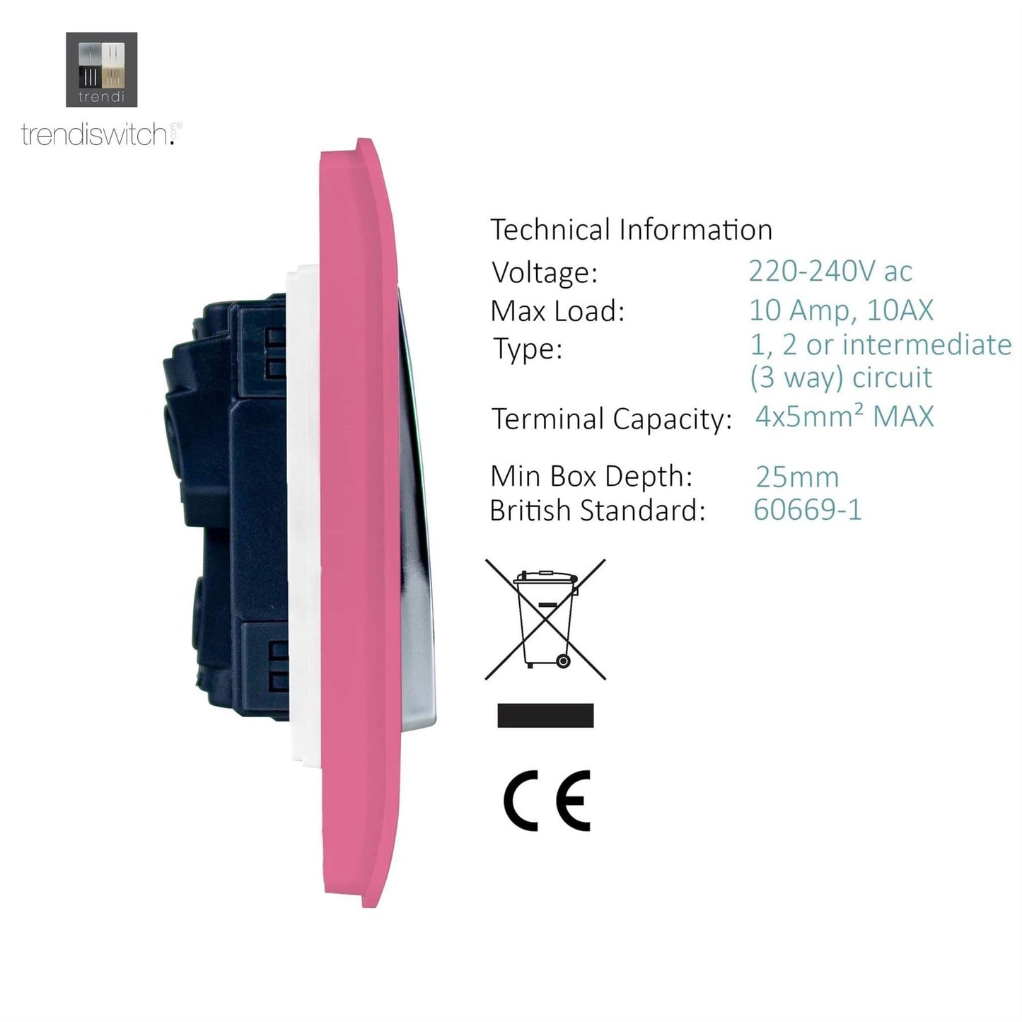 Trendi 4 Gang (2 Way & 2xIntermediate) Glossy 10 Amp Rocker Light Switch Pink