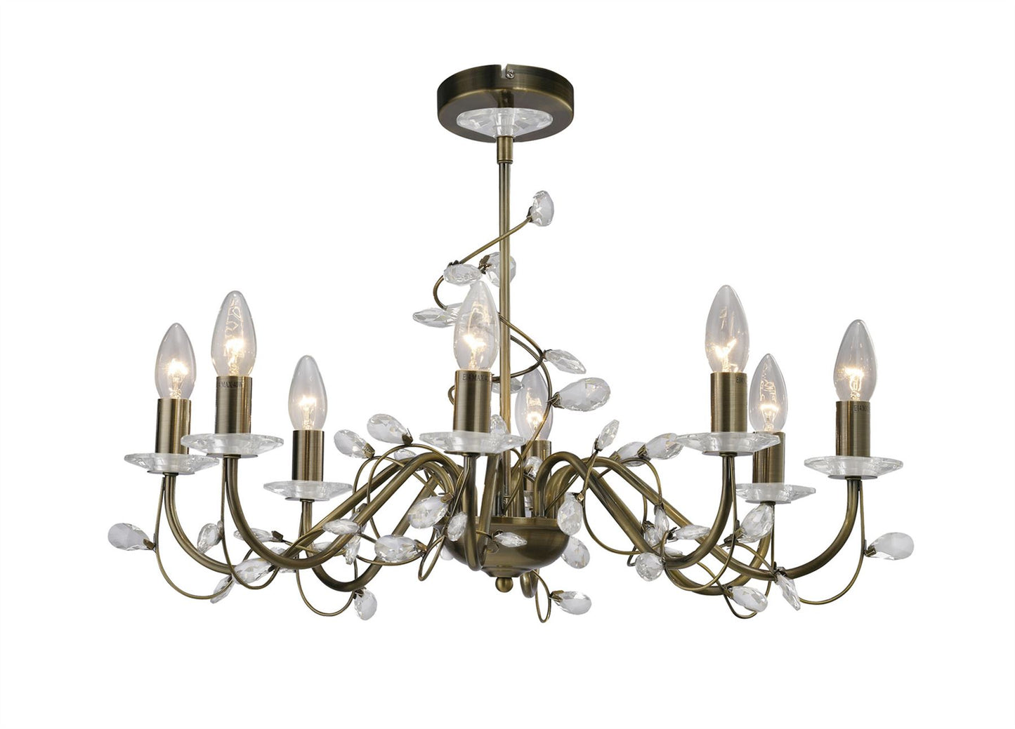 Diyas Willow 64cm  WITHOUT SHADE 8 Light E14 Antique Brass/Crystal Ceiling Pendant Light Fitting