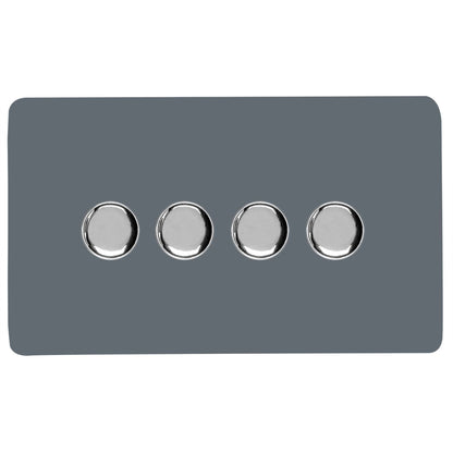 Trendi 4 Gang 2 Way 240V 100w LED Dimmer Screwless Raised Front Plate Plastic Artistic Modern Glossy 10 Amp Chrome Single Electrical Wall Light Switch in Warm Grey - ART-4LDMWG