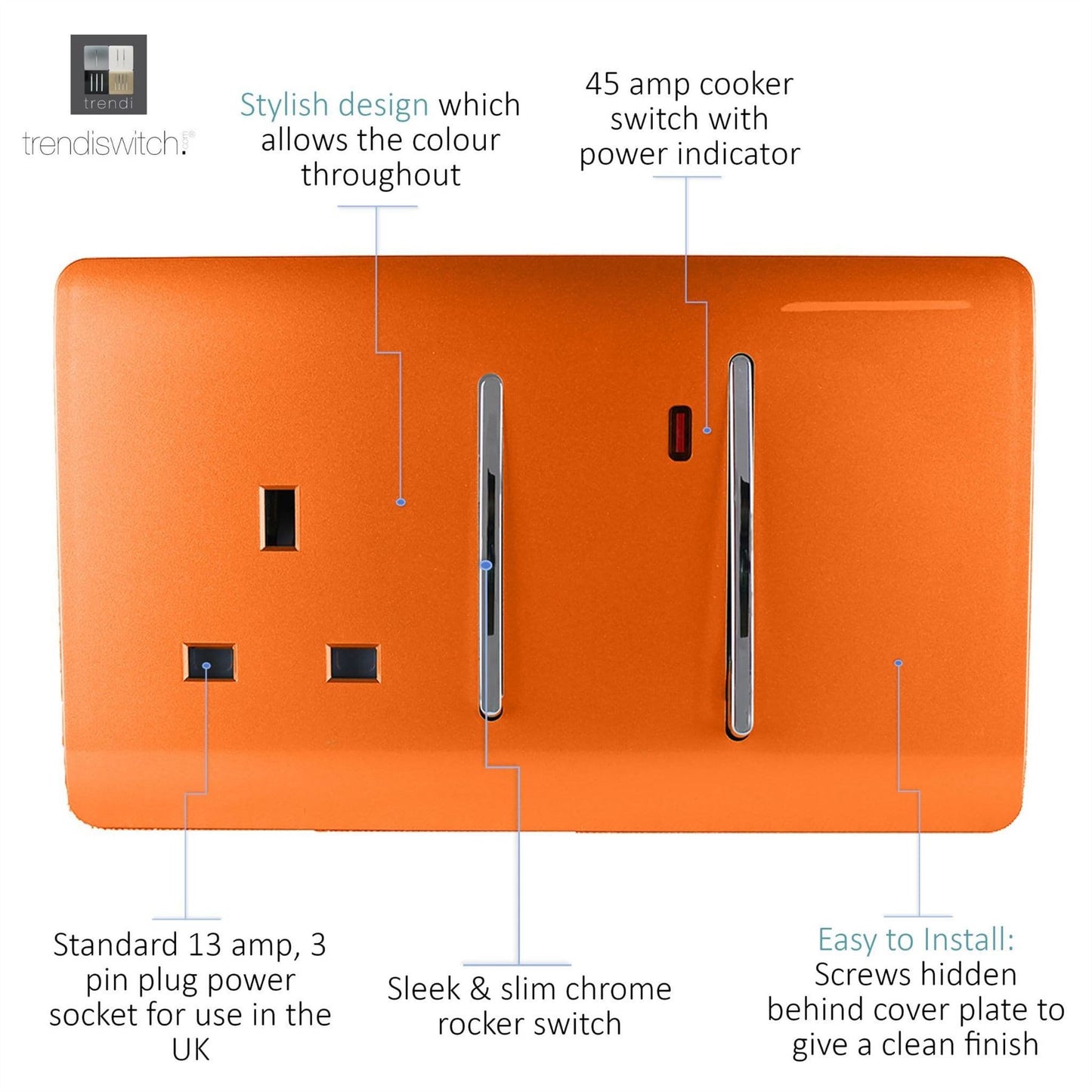 Trendi Artistic Modern Glossy 45 A Cooker Switch & Plug Socket Inc Neon Insert Orange