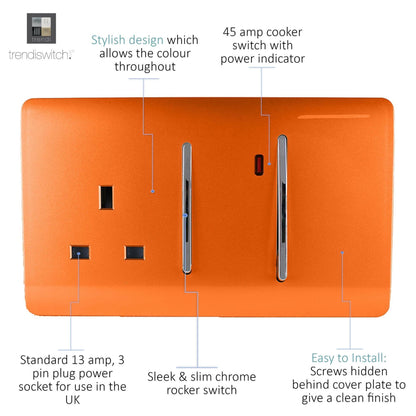Trendi Artistic Modern Glossy 45 A Cooker Switch & Plug Socket Inc Neon Insert Orange