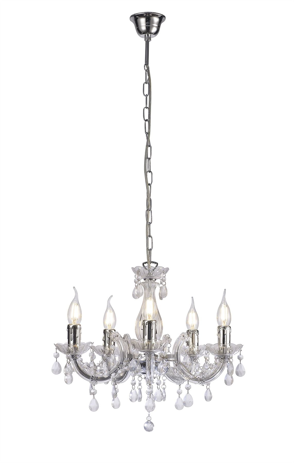 Deco Floria Chandelier with Acrylic Sconce & Acrylic Droplets 5 Light E14 Polished Chrome Finish
