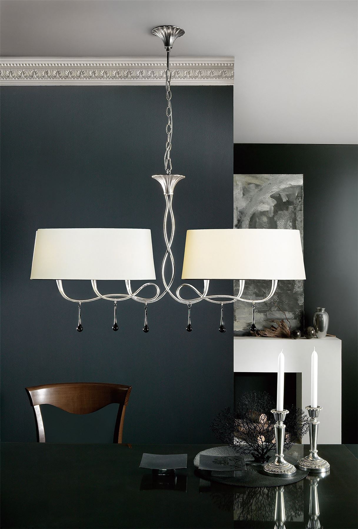 Mantra M0531 Paola Linear Pendant 2 Arm 6 Light E14, Silver Painted with Black Shades & Black Glass Droplets