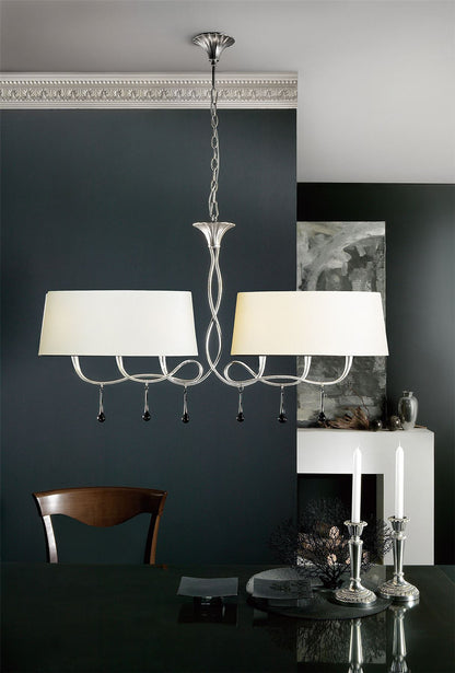 Mantra M0531 Paola Linear Pendant 2 Arm 6 Light E14, Silver Painted with Black Shades & Black Glass Droplets