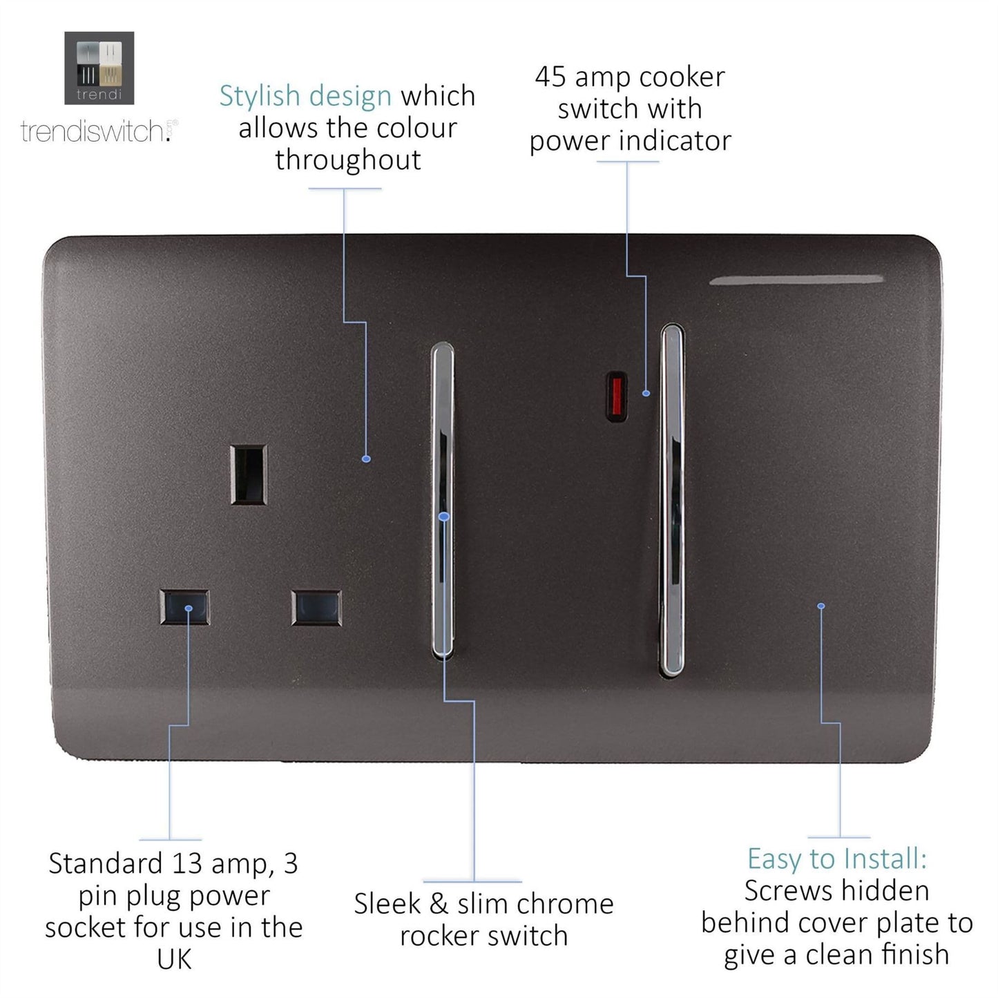 Trendi Artistic Modern Glossy 45 A Cooker Switch & Plug Socket Inc Neon Insert Dark Brown