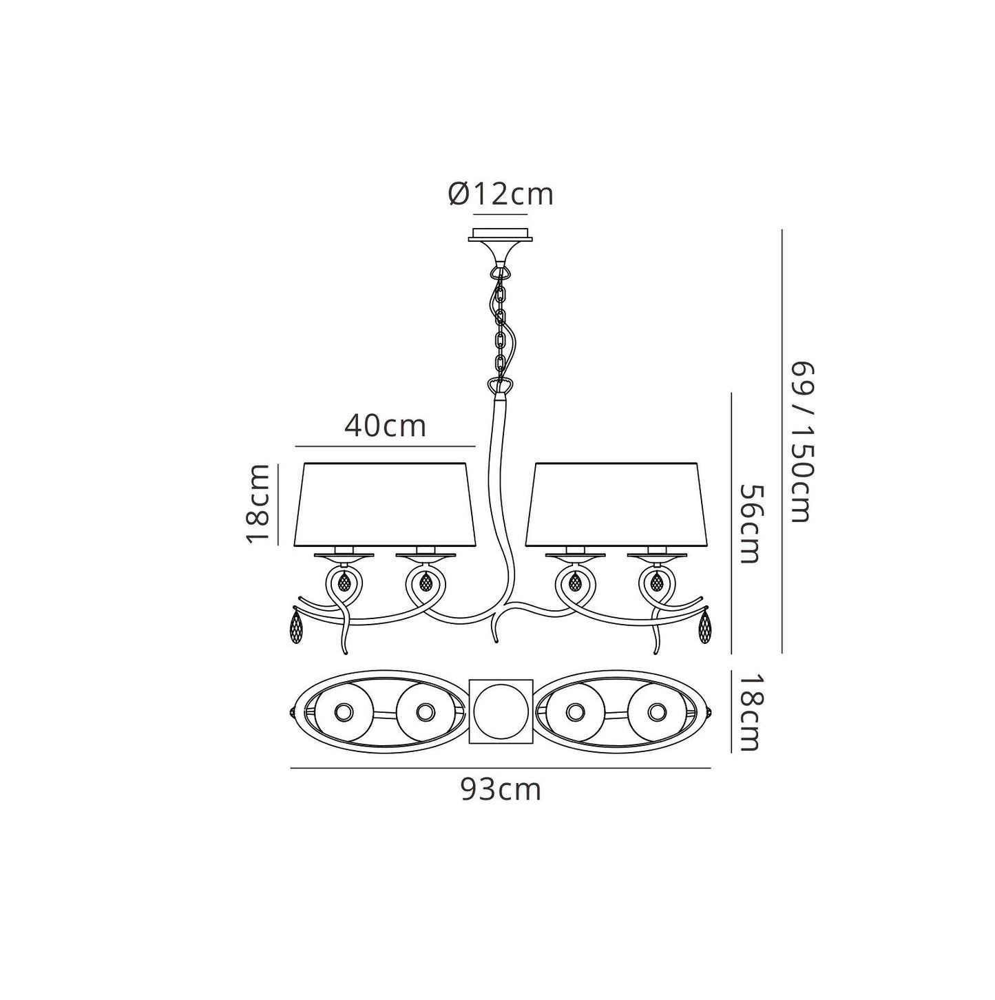 Mantra M5272 Louise Linear Pendant 2 Arm 4 Light E27 with White Oval Shades Polished Chrome/Clear Crystal