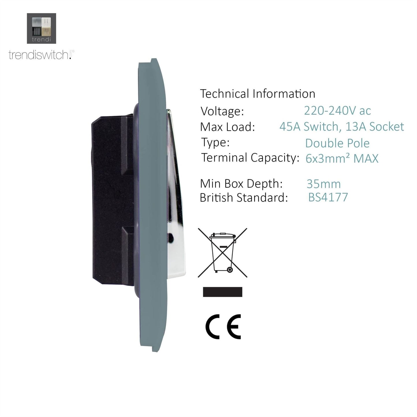 Trendi Artistic Modern Glossy 45 A Cooker Switch & Plug Socket Inc Neon Insert Cool Grey