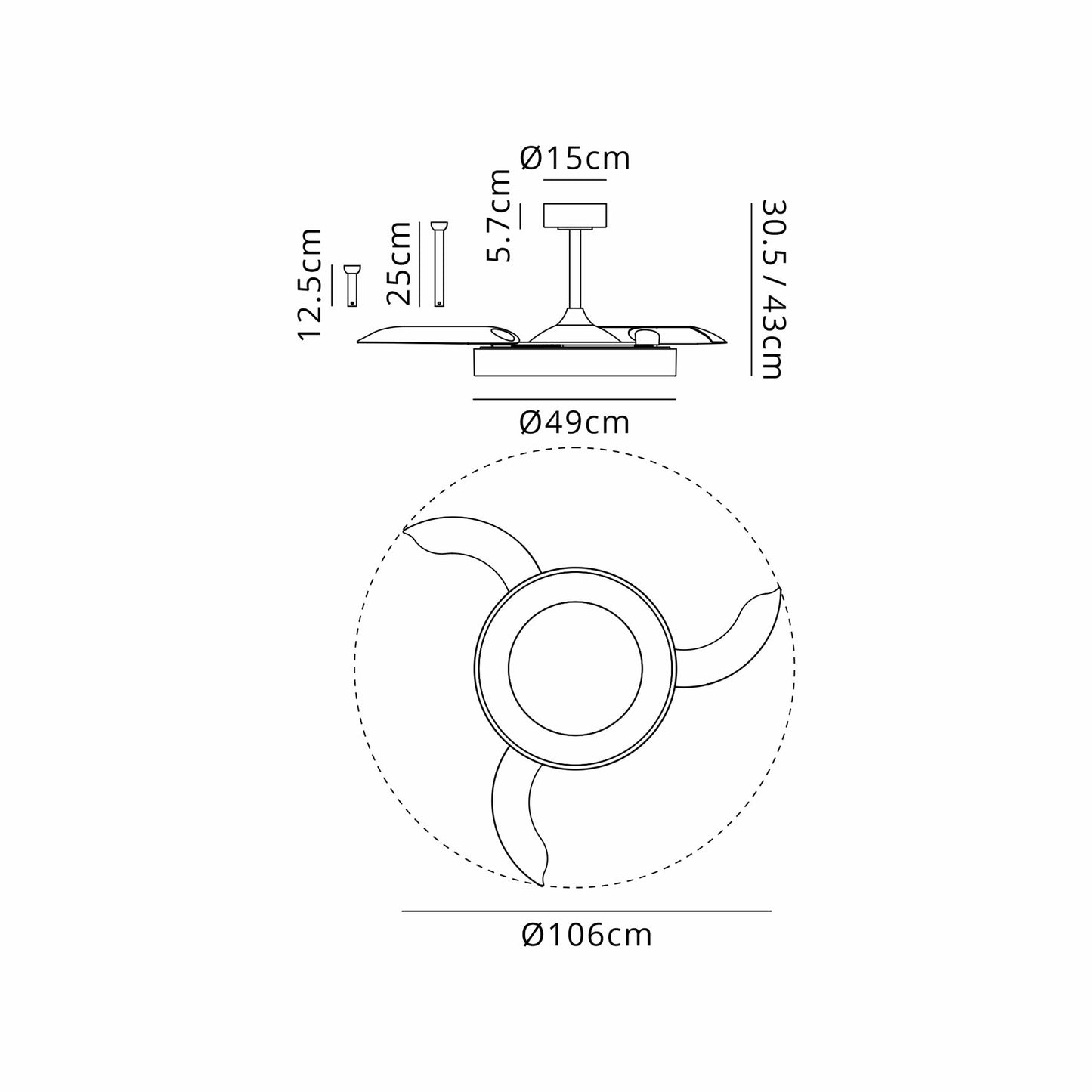 Niseko Fan M 49cm 50W LED Dimmable Ceiling Light With Built-In 30W DC Fan, 2700-5000K Remote Control, 5500lm, White, 5yrs Warranty