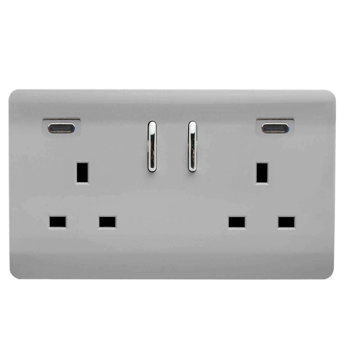 Brushed Steel Screwless 2 Gang Switched Double Socket 13A With 2 x USB-C 65W (Shared), (35mm Back Box Req.), 10yrs Warranty