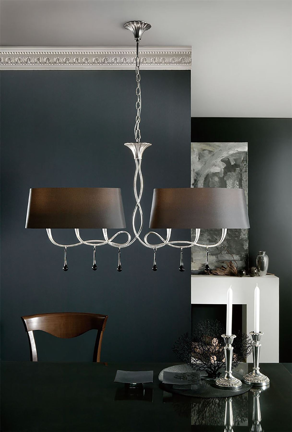 Mantra M0531 Paola Linear Pendant 2 Arm 6 Light E14, Silver Painted with Black Shades & Black Glass Droplets