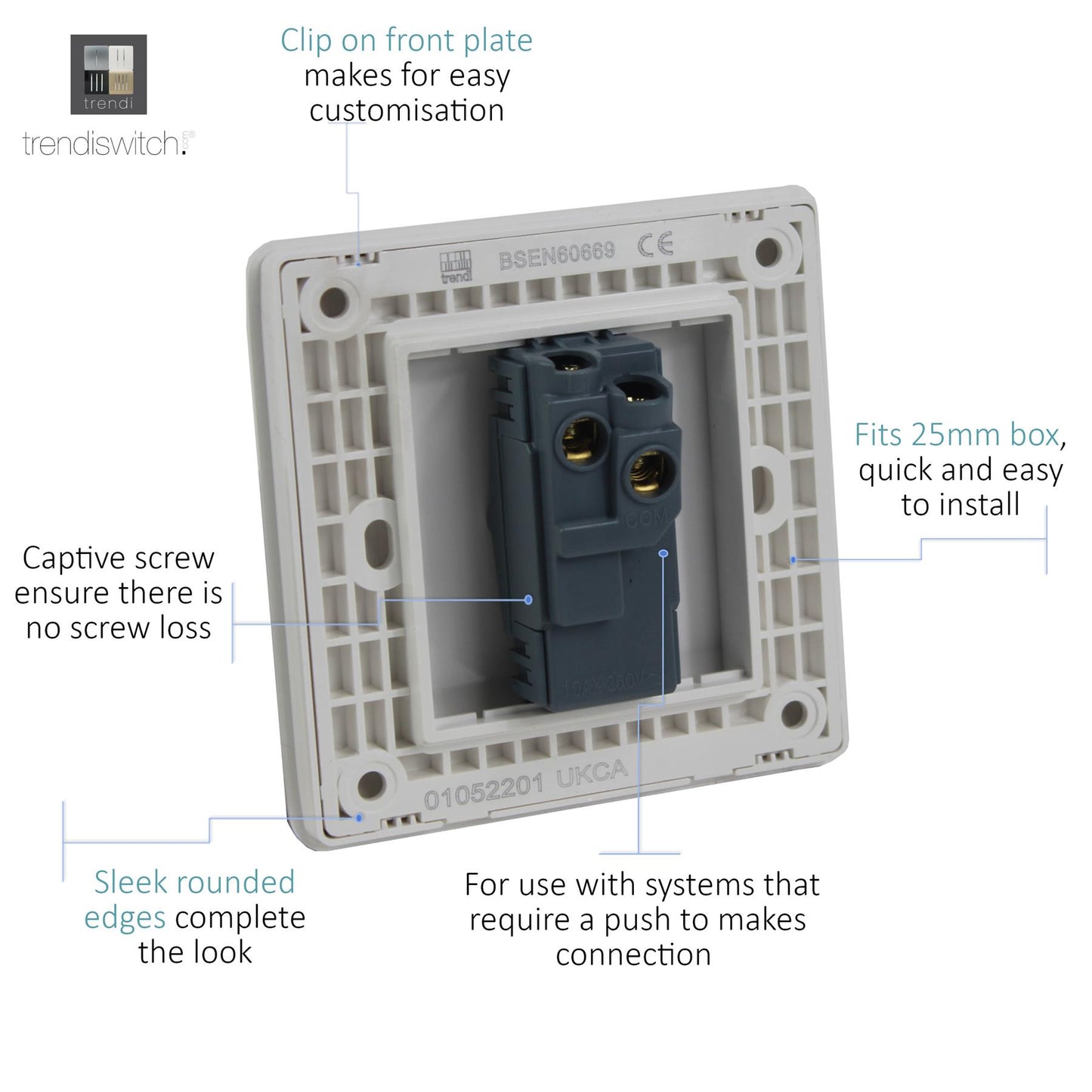 Trendi Switch 1 Gang Retractive Home Automation Switch in Matt White - ART-SSR1MWH
