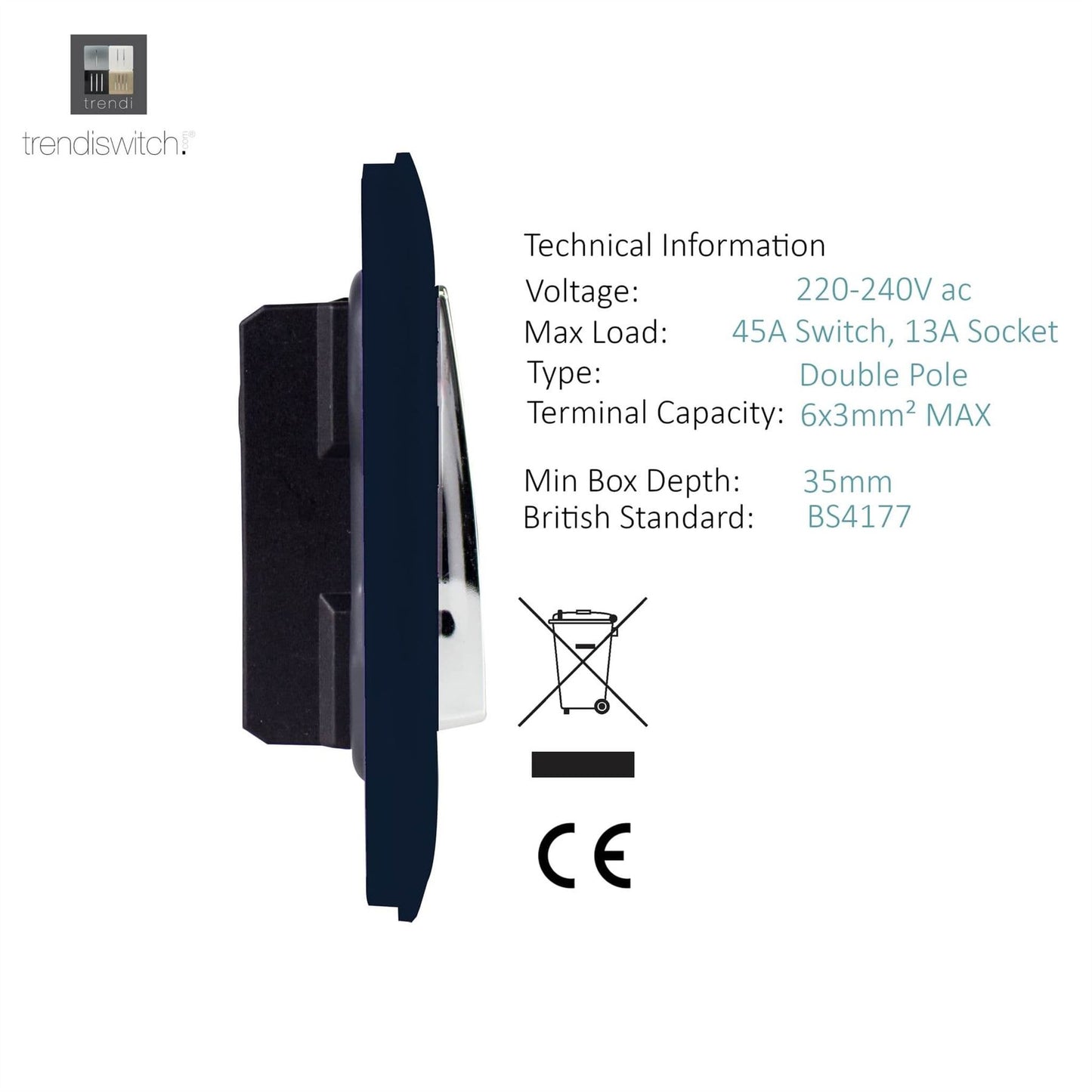 Trendi Artistic Modern Glossy 45 A Cooker Switch & Plug Socket Inc Neon Insert Navy