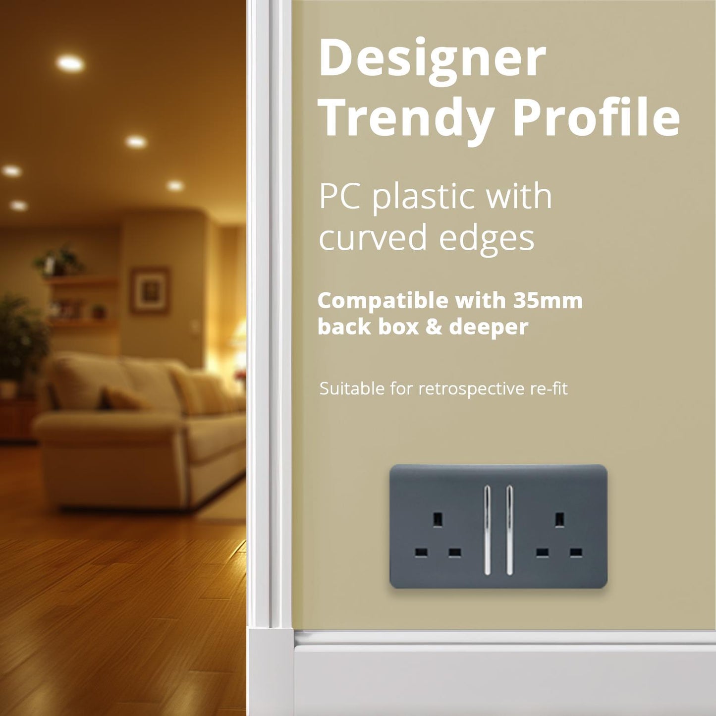 Trendi 2 Gang Raised Artistic Modern Glossy Screwless 13 Amp Single Pole with Chrome Switched UK Standard Electrical Double Wall Plug Socket in Warm Grey - ART-SKT213LWG