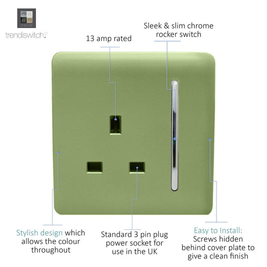 Trendi 1 Gang Artistic Modern Glossy 13 Amp Switched Tactile Plug Socket Moss Green