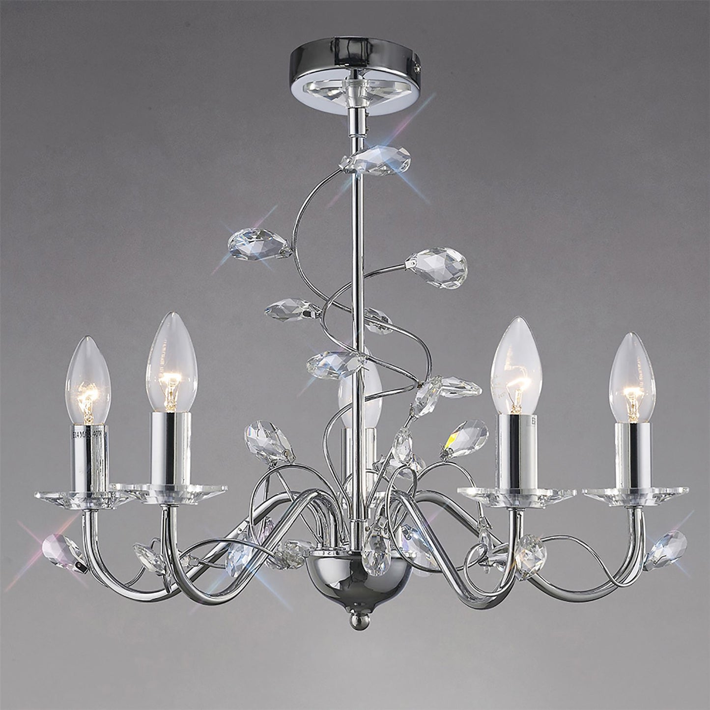 Diyas Willow 50cm  WITHOUT SHADE 5 Light E14 Polished Chrome/Crystal Ceiling Pendant Light Fitting