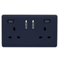 Navy Blue Screwless 2 Gang Switched Double Socket 13A With 2 x USB-C 45W (Shared), (35mm Back Box Req.), 10yrs Warranty