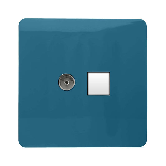 Trendi Artistic Modern Glossy Tactile TV Co-axial Socket + Telephone Socket Ocean Blue