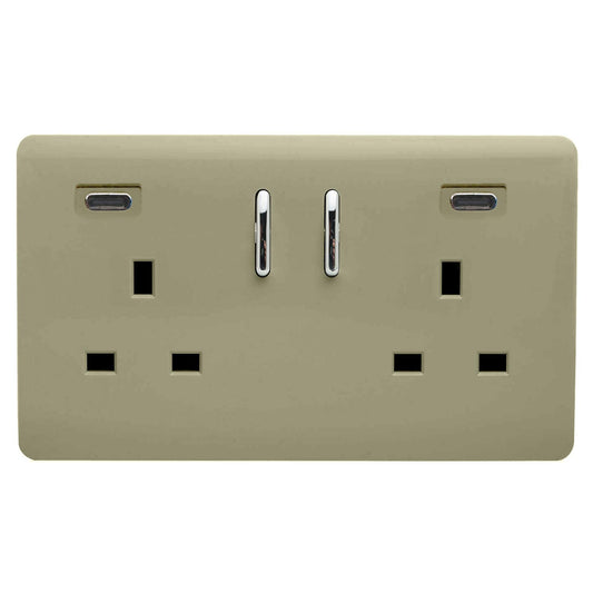 Champagne Gold Screwless 2 Gang Switched Double Socket 13A With 2 x USB-C 24W (Shared), (35mm Back Box Req.), 10yrs Warranty